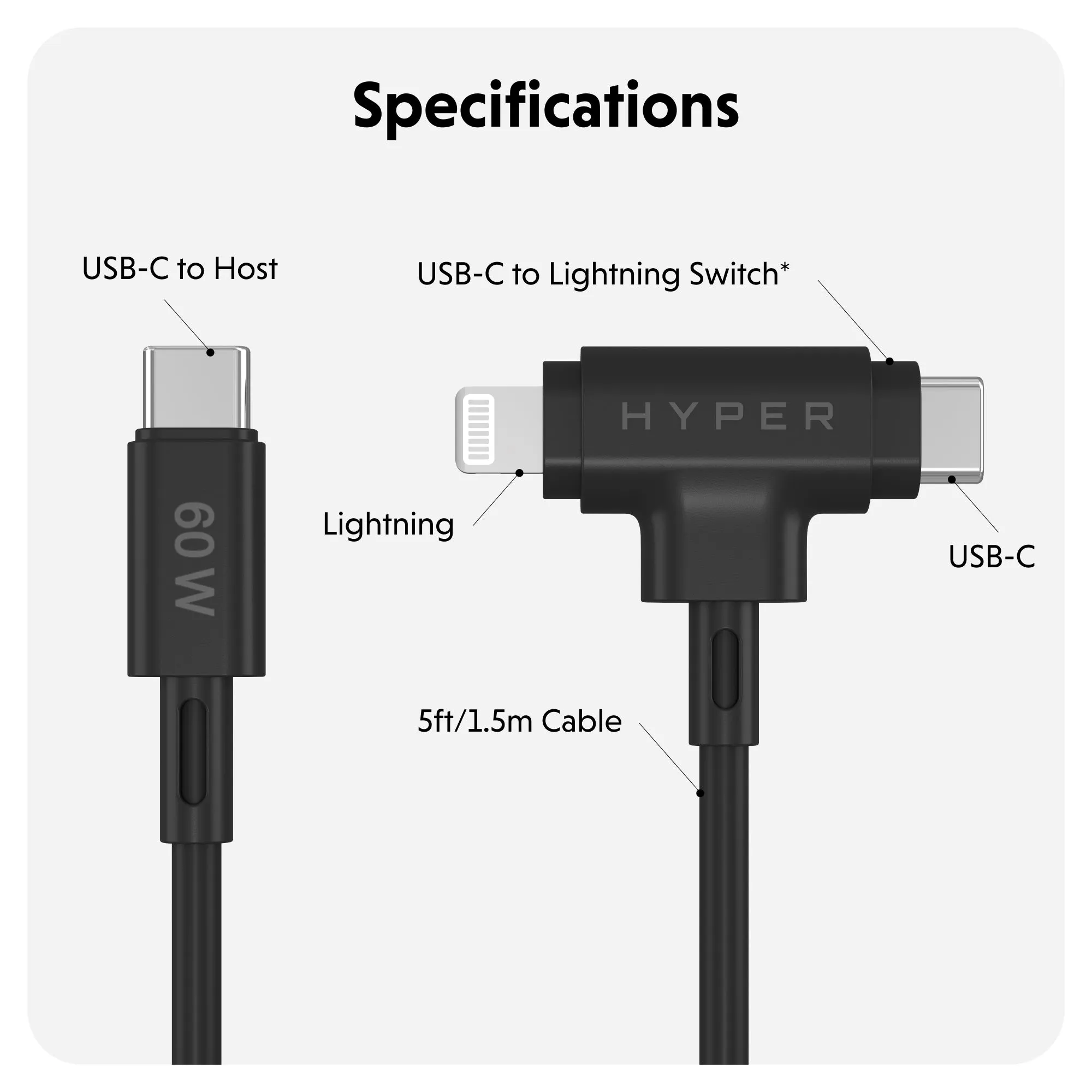 HyperJuice USB-C and Lightning Hybrid Silicone Cable (1.5m/5ft) - Black