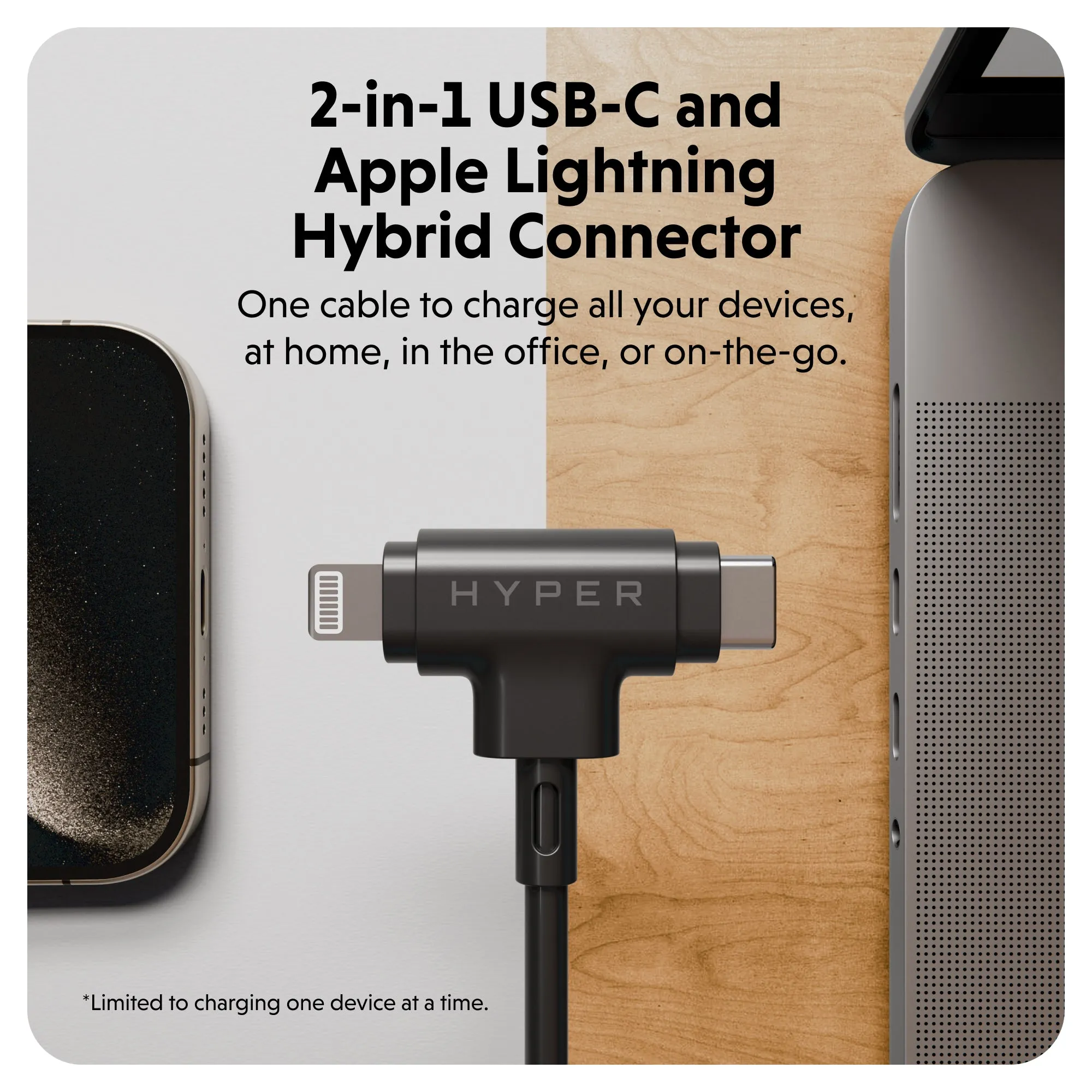 HyperJuice USB-C and Lightning Hybrid Silicone Cable (1.5m/5ft) - Black