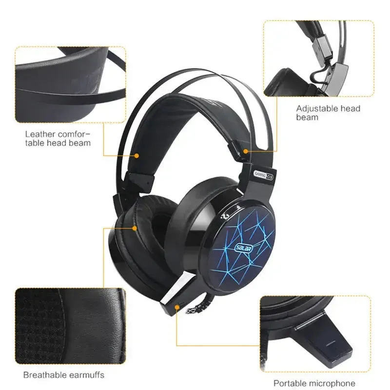 KINGSTAR Salar C13 Gaming Headset Wired Headphones With Mic LED Light Over Ear Stereo Deep Bass Earphone for PC Computer Gamer