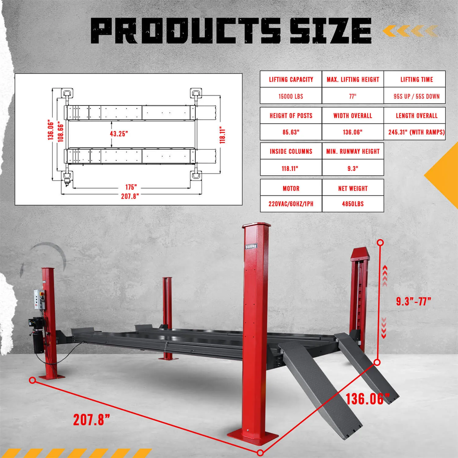 KT-4H150 Heavy Duty 4-Post Alignment Lift 15,000lbs. Rolling Jack Included