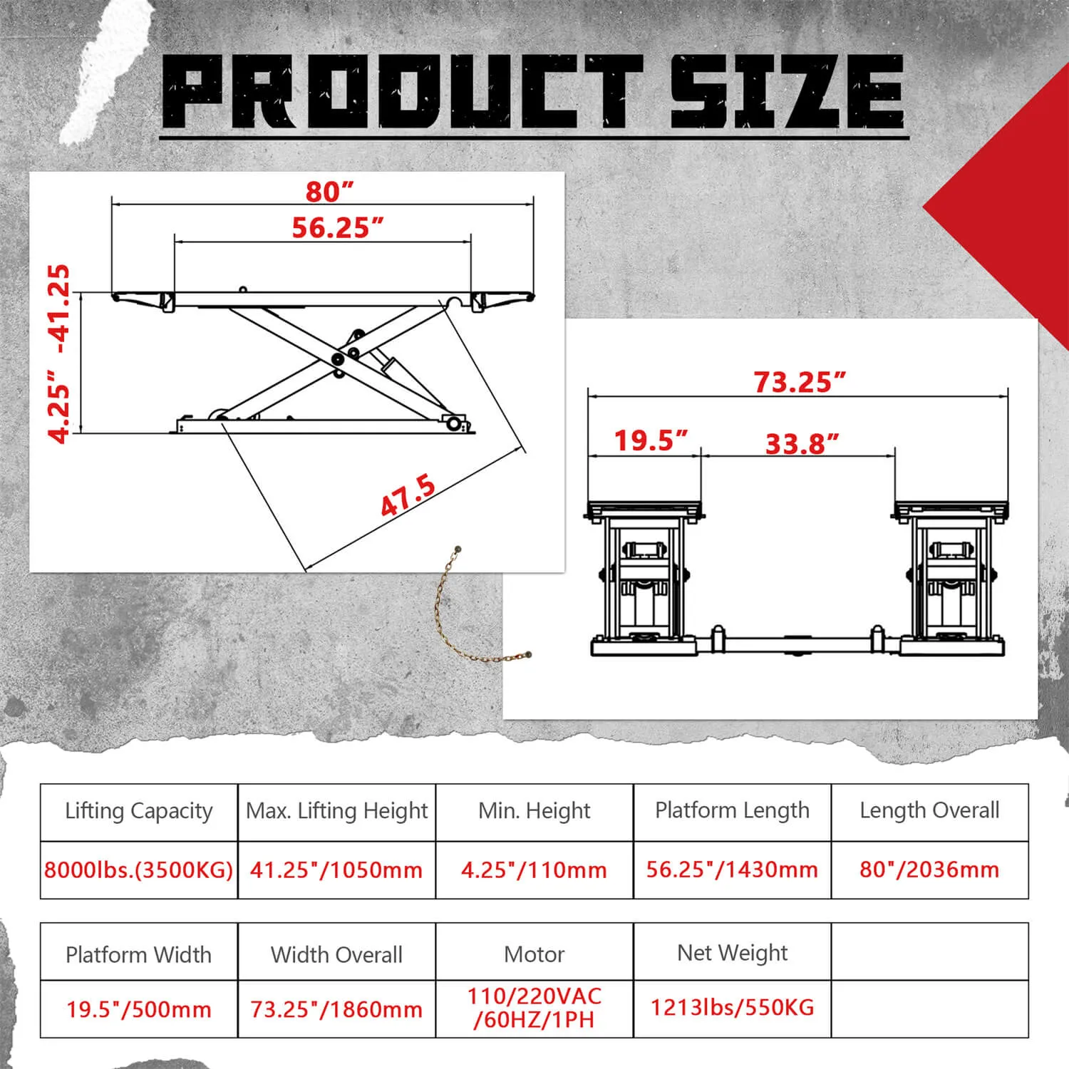 KT-X80 Mid-rise Scissor Lift, Electric Release (Two variations for voltage, 110v and 220v)