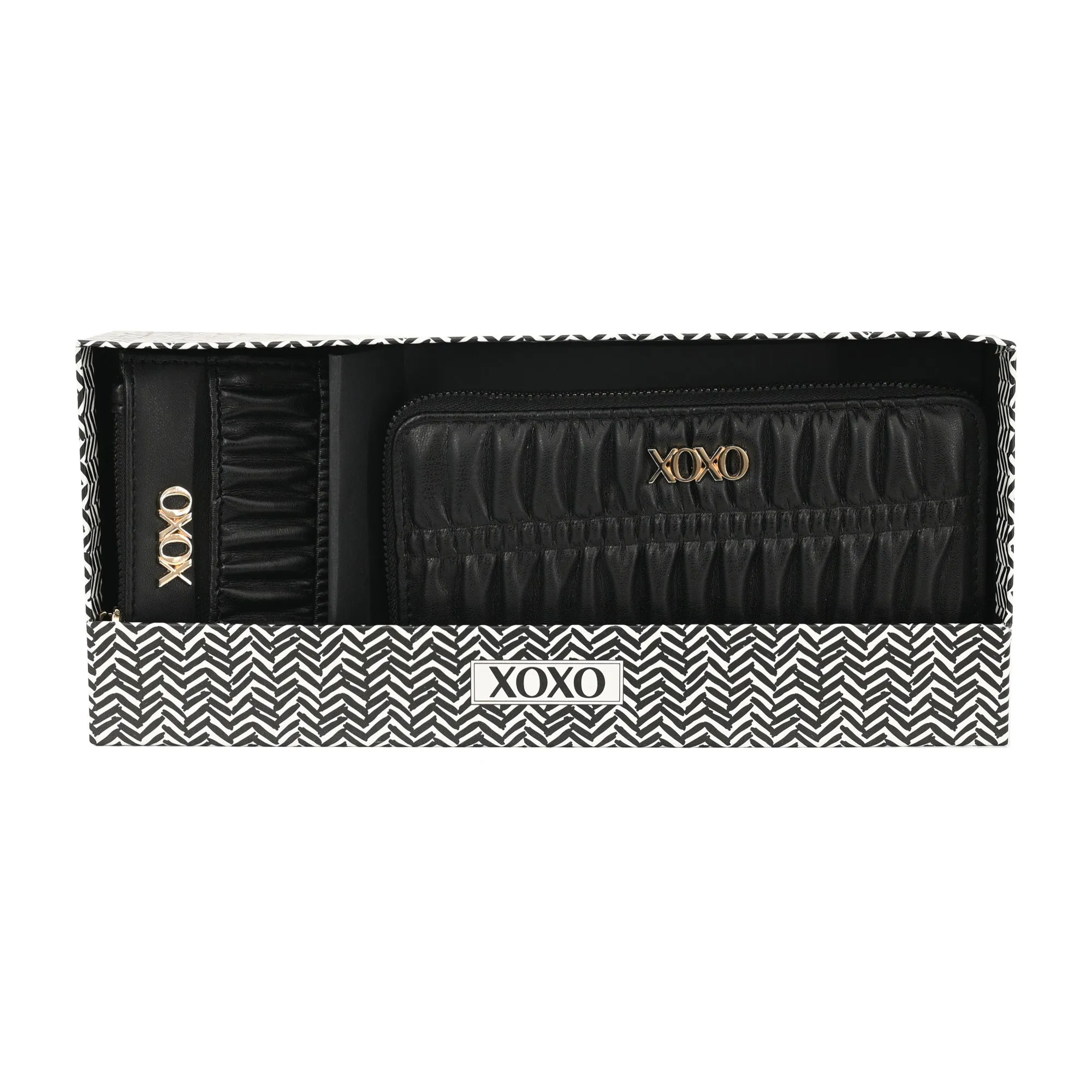 LADIES ZIP AROUND BOXED WALLET SET GOLD/BLACK