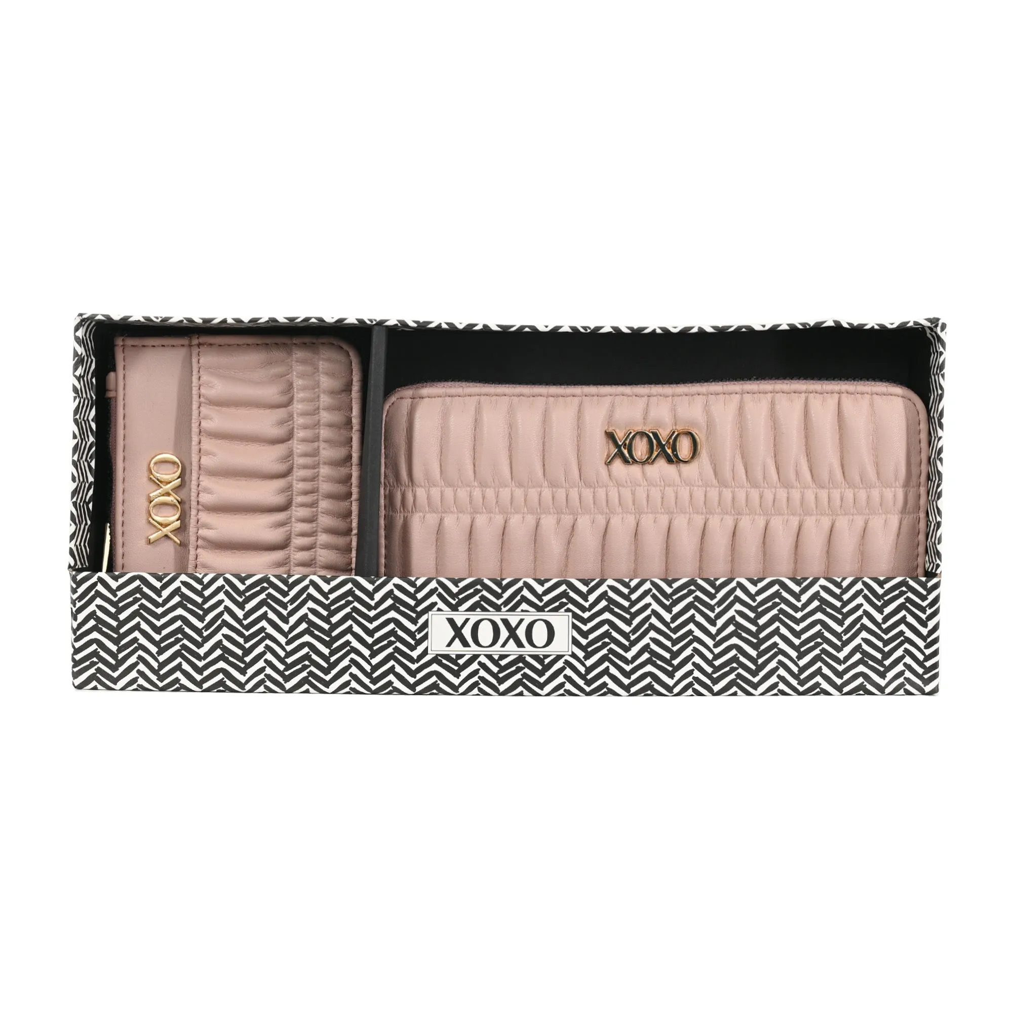 LADIES ZIP AROUND BOXED WALLET SET GOLD/BLACK