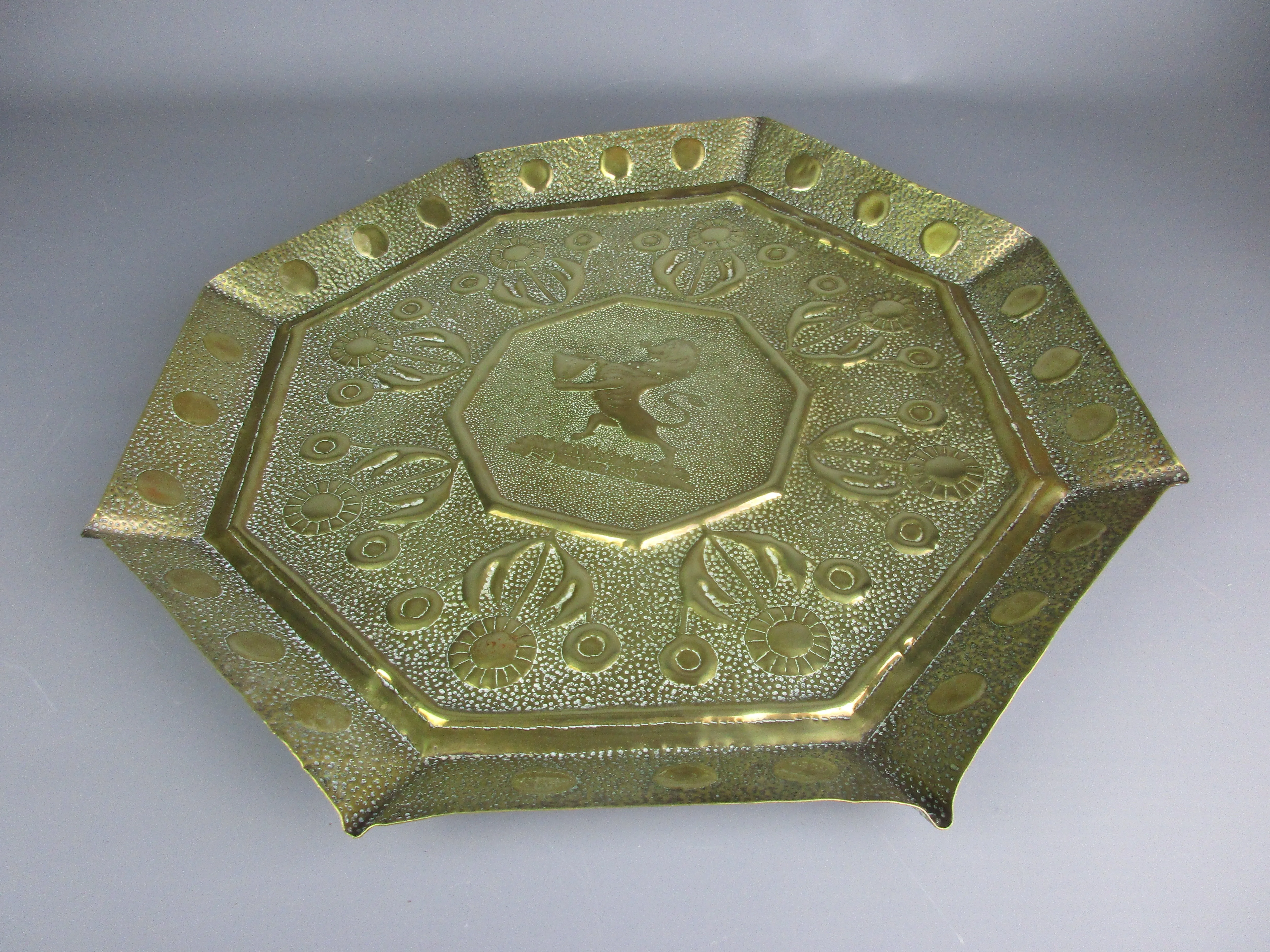 Large Brass Arts & Crafts Charger With Lion Antique Victorian c1900