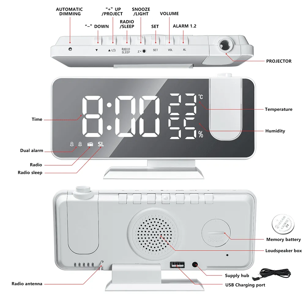 LED Digital Smart Alarm Clock Projector with FM Radio