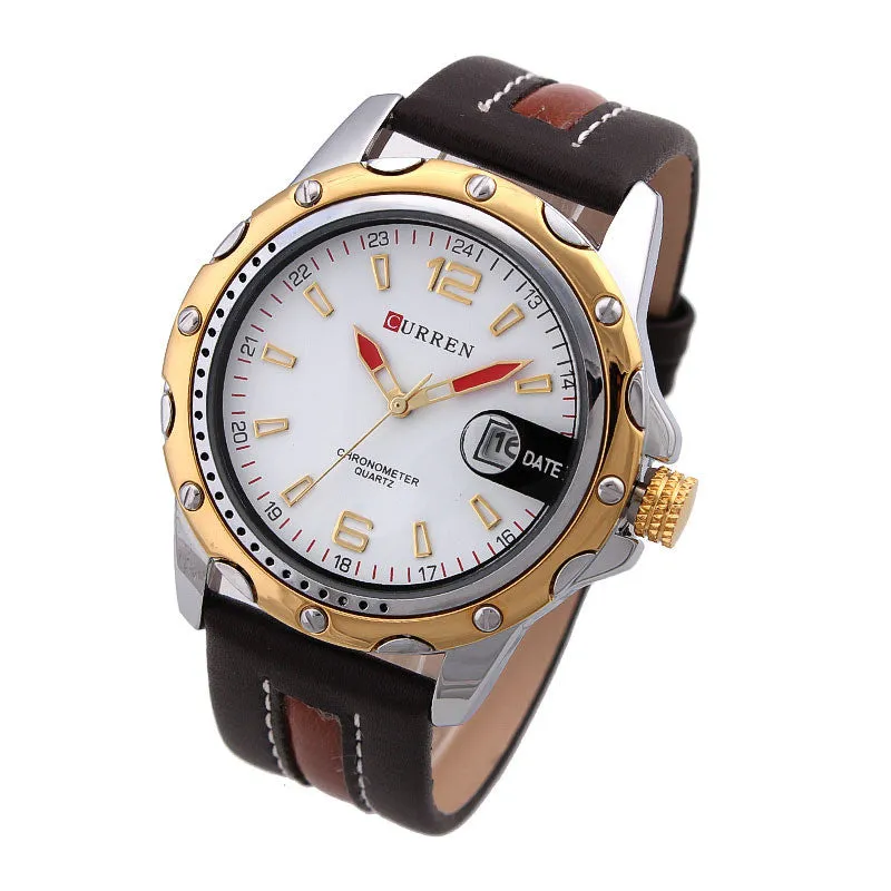 Luxury Watch Sports Watches Analog Steel Case quartz Watch Clock hours with date leather strap Men's Wristwatch