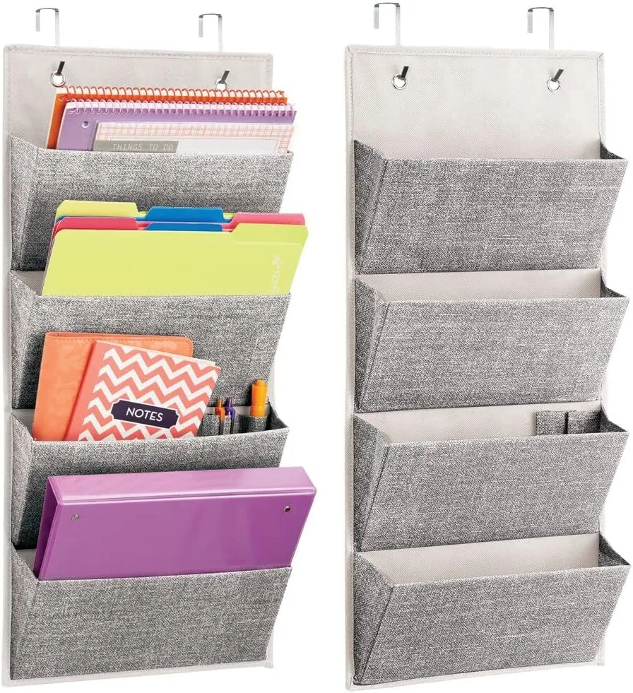 Mdesign Soft Fabric Wall Mount/Over Door Hanging Storage Organizer - 4 Large Cascading Pockets - Holds Office Supplies, Planners, File Folders, Notebooks - Textured Print, 2 Pack - Gray