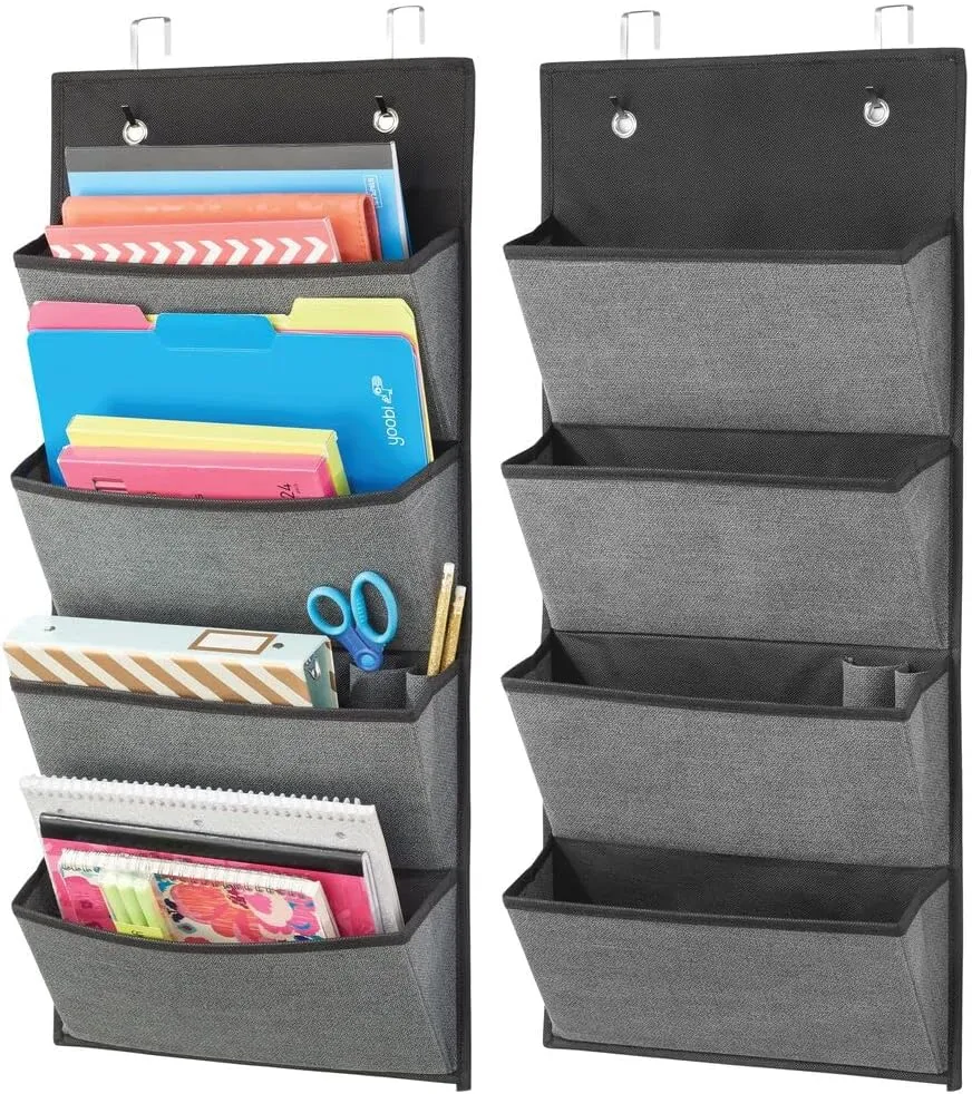 Mdesign Soft Fabric Wall Mount/Over Door Hanging Storage Organizer - 4 Large Cascading Pockets - Holds Office Supplies, Planners, File Folders, Notebooks - Textured Print, 2 Pack - Gray