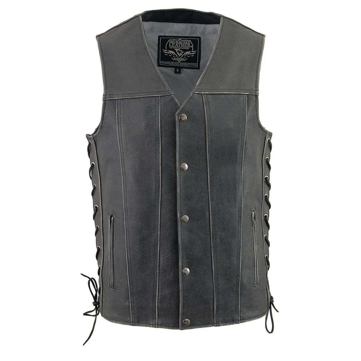 Milwaukee Leather MLM3521 Men's Distress Grey Leather Vest - V-Neck Straight Bottom Side Lace Motorcycle Rider Vest