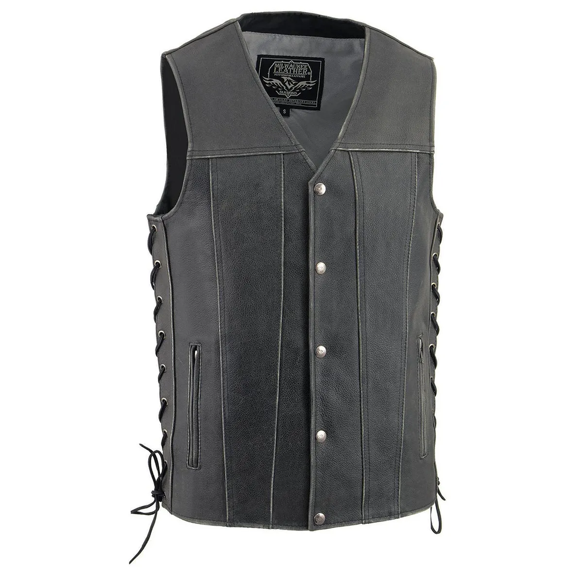 Milwaukee Leather MLM3521 Men's Distress Grey Leather Vest - V-Neck Straight Bottom Side Lace Motorcycle Rider Vest