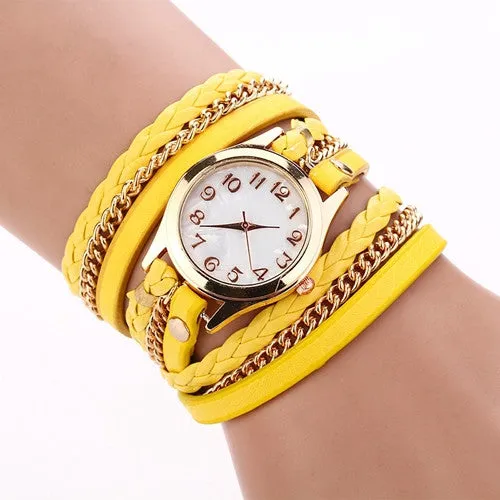 New Hot Women Dress Watches High-Quality Women's Punk Retro Leather Strap Bracelet Laminated Quartz Watch