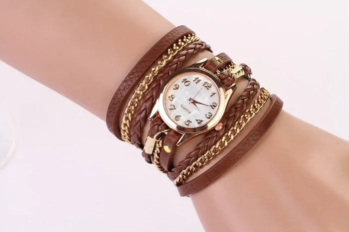 New Hot Women Dress Watches High-Quality Women's Punk Retro Leather Strap Bracelet Laminated Quartz Watch