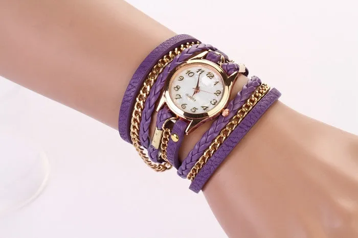 New Hot Women Dress Watches High-Quality Women's Punk Retro Leather Strap Bracelet Laminated Quartz Watch