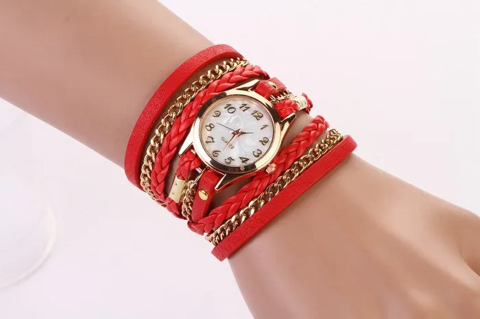 New Hot Women Dress Watches High-Quality Women's Punk Retro Leather Strap Bracelet Laminated Quartz Watch