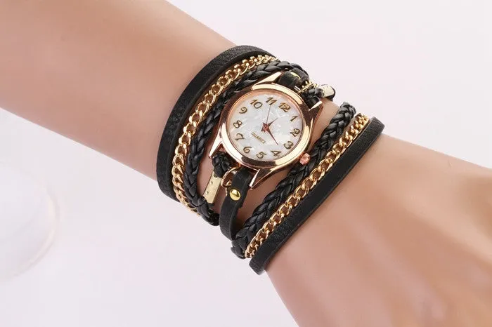 New Hot Women Dress Watches High-Quality Women's Punk Retro Leather Strap Bracelet Laminated Quartz Watch