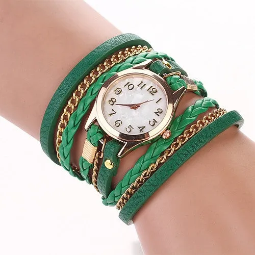 New Hot Women Dress Watches High-Quality Women's Punk Retro Leather Strap Bracelet Laminated Quartz Watch