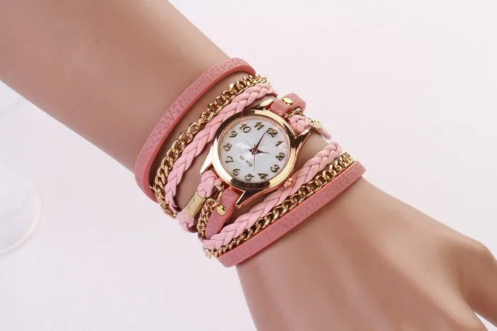 New Hot Women Dress Watches High-Quality Women's Punk Retro Leather Strap Bracelet Laminated Quartz Watch