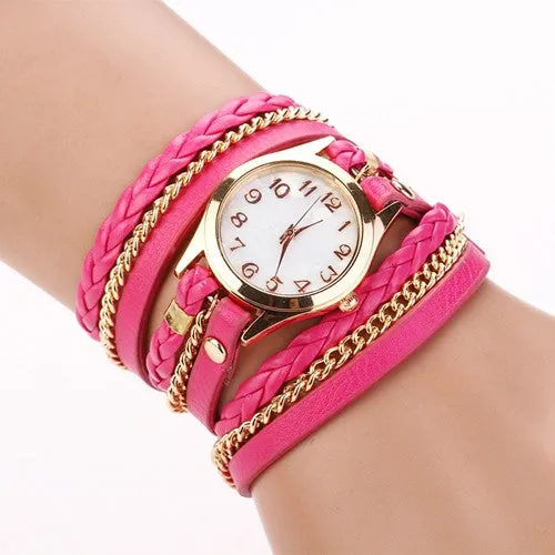 New Hot Women Dress Watches High-Quality Women's Punk Retro Leather Strap Bracelet Laminated Quartz Watch