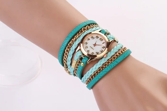 New Hot Women Dress Watches High-Quality Women's Punk Retro Leather Strap Bracelet Laminated Quartz Watch