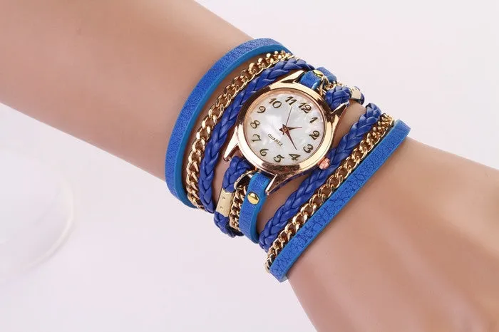 New Hot Women Dress Watches High-Quality Women's Punk Retro Leather Strap Bracelet Laminated Quartz Watch