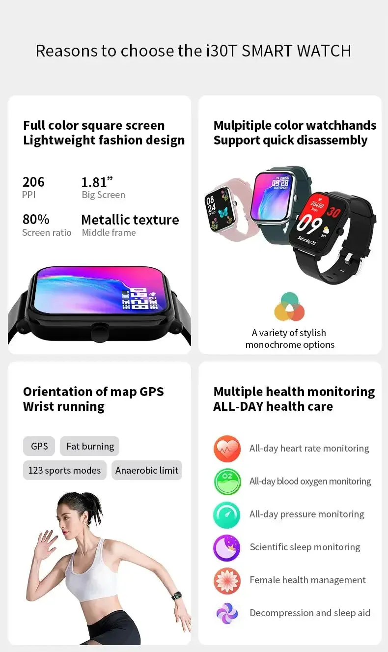 New i30E Smartwatch Men 1.9” Screen 100 Sport Modes Bluetooth Call IP67 Waterproof Sleep Monitor Smartwatch Women Clock