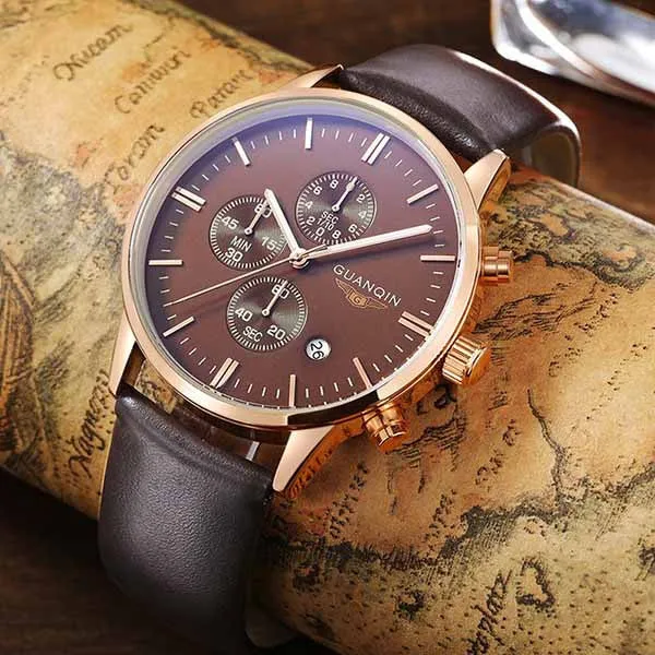 New Men's Watches New Fashion Luxury Top Brand GUANQIN Chronograph Male Dress Leather Belt Sports Clock Quartz Wrist Watches