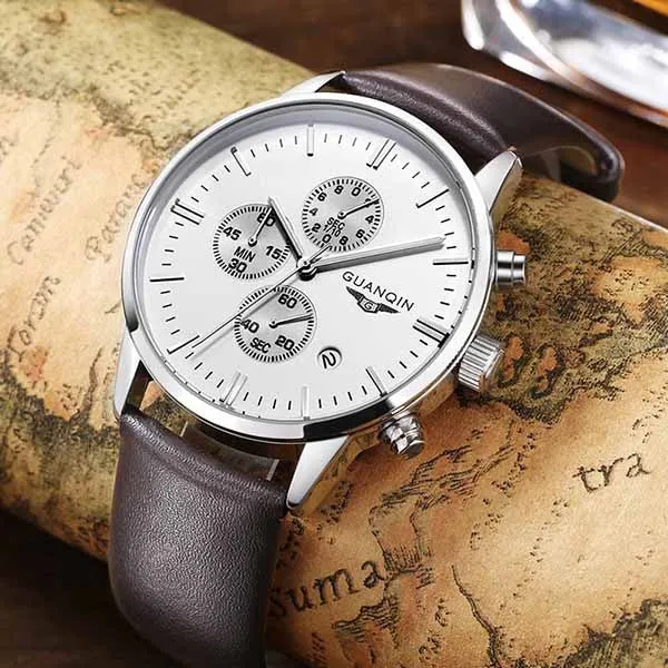 New Men's Watches New Fashion Luxury Top Brand GUANQIN Chronograph Male Dress Leather Belt Sports Clock Quartz Wrist Watches