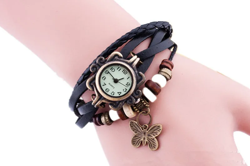 New Original Women dress Leather Vintage Watches ladies Bracelet Wristwatch butterfly Pendant Casual watch clock hours