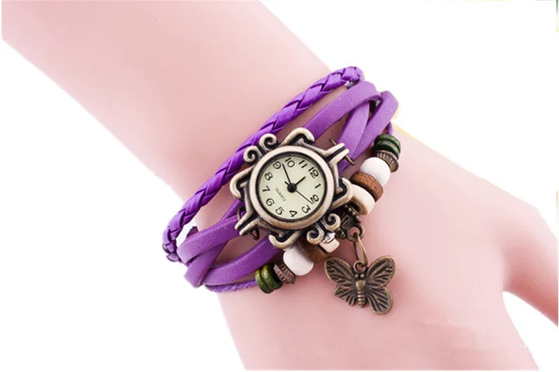 New Original Women dress Leather Vintage Watches ladies Bracelet Wristwatch butterfly Pendant Casual watch clock hours