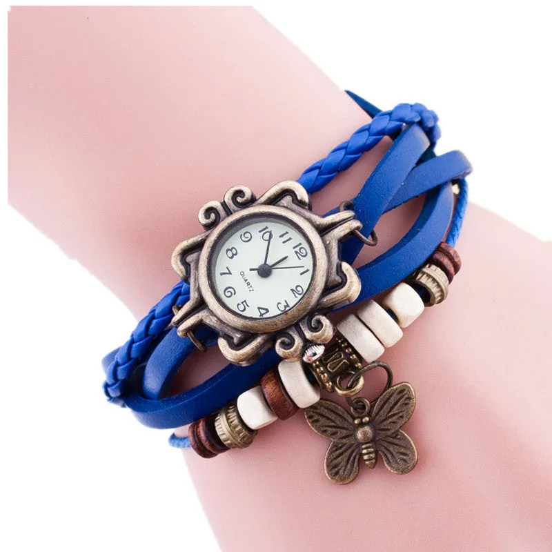 New Original Women dress Leather Vintage Watches ladies Bracelet Wristwatch butterfly Pendant Casual watch clock hours