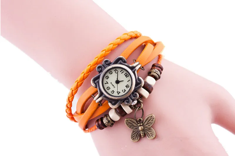 New Original Women dress Leather Vintage Watches ladies Bracelet Wristwatch butterfly Pendant Casual watch clock hours