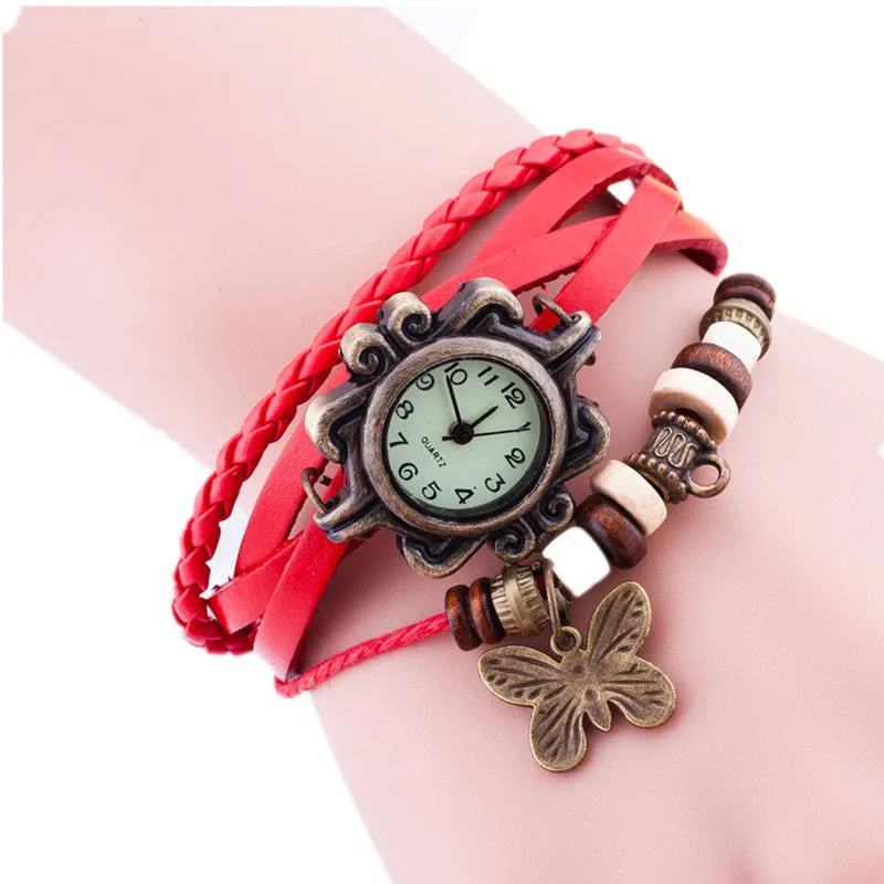 New Original Women dress Leather Vintage Watches ladies Bracelet Wristwatch butterfly Pendant Casual watch clock hours