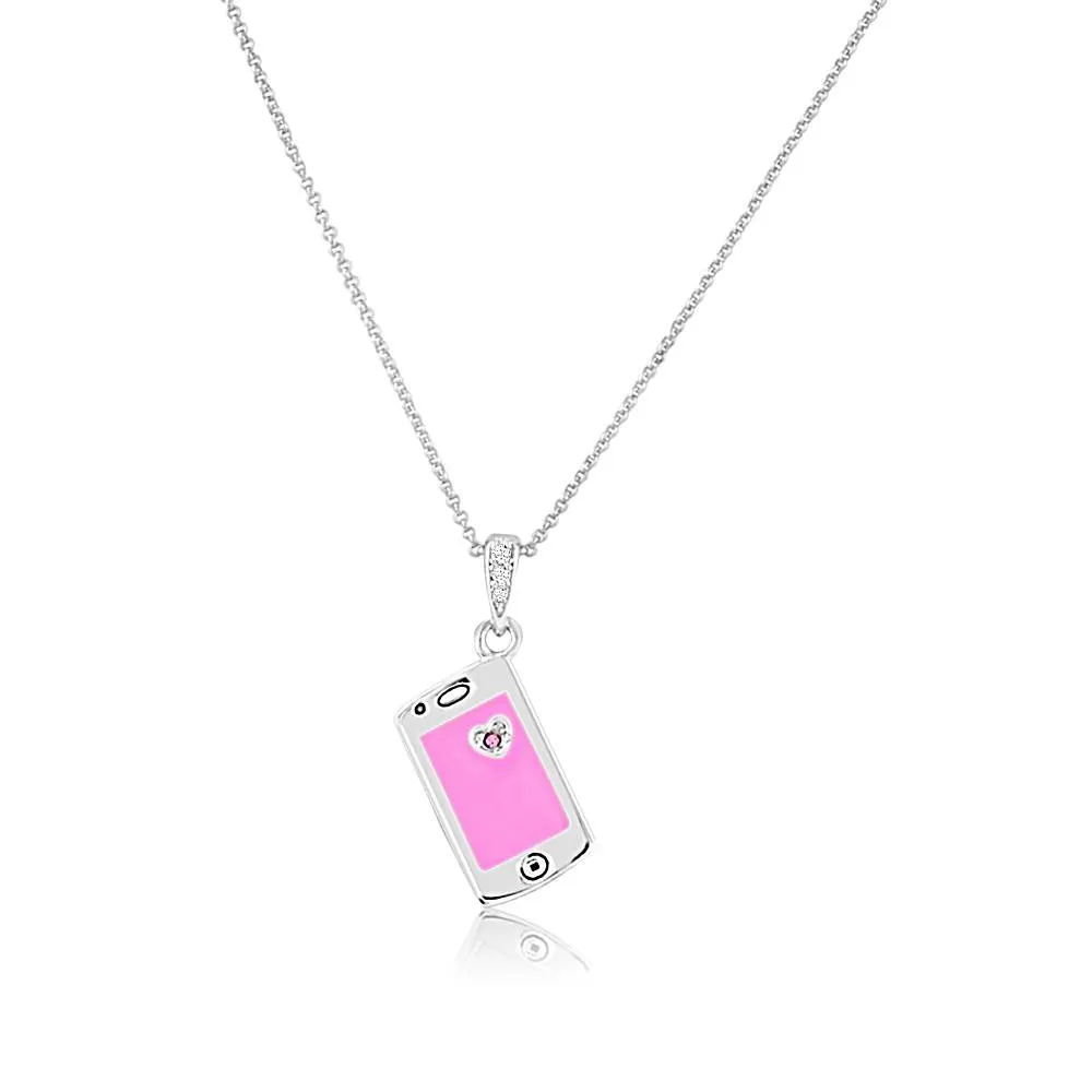 Pink Mobile Phone Crystal Enamel Palladium Plating Girl's Necklace