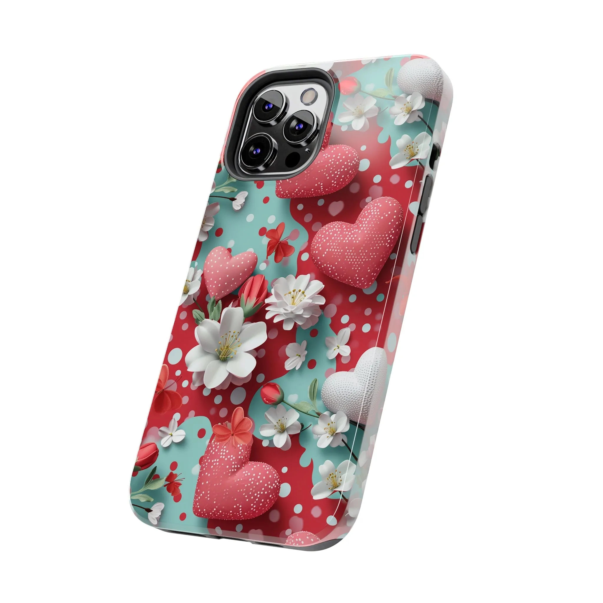 Polka Dot Hearts and Flowers Digital print Design Tough Phone Case compatible with a large variety of iPhone models, Gift, Phone Case