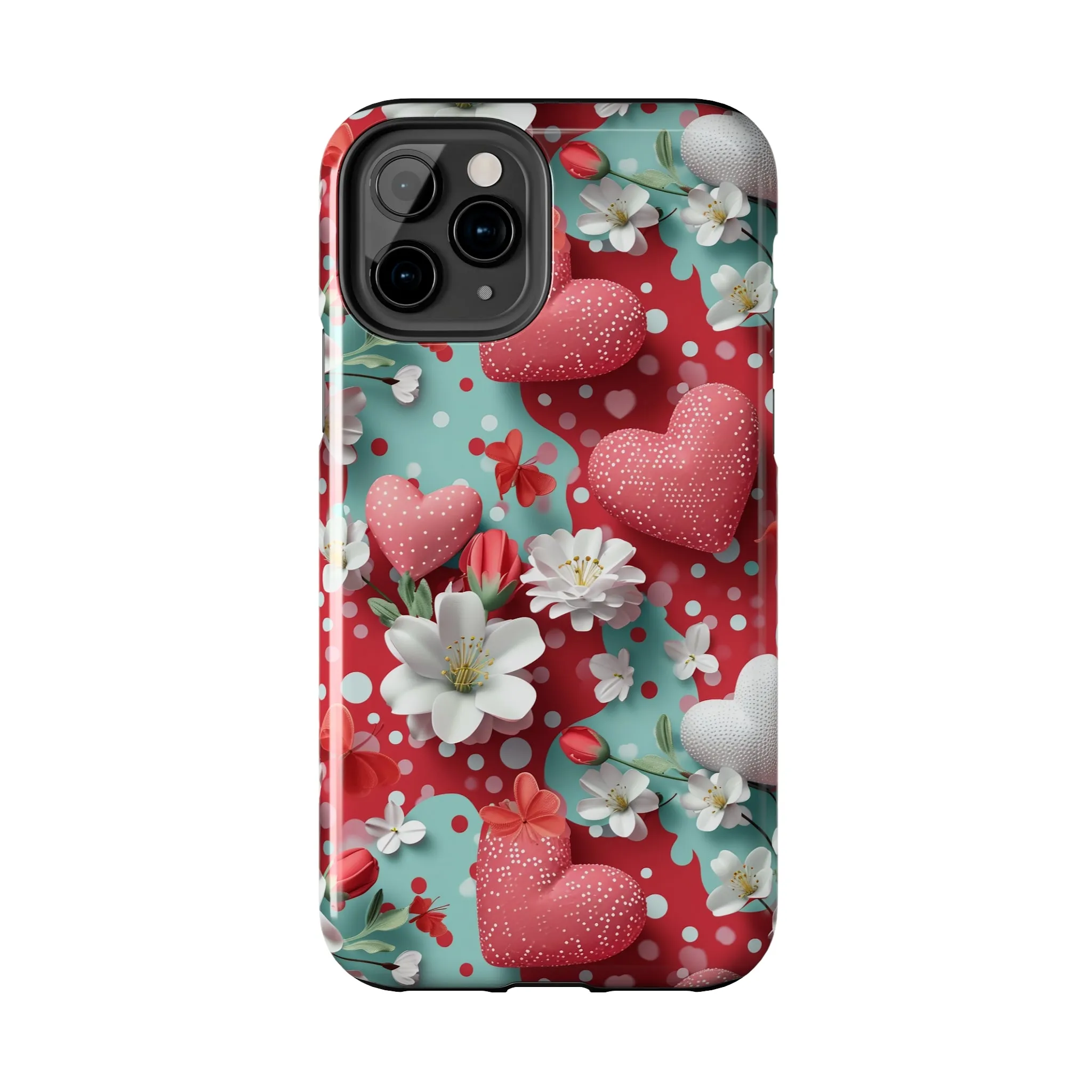 Polka Dot Hearts and Flowers Digital print Design Tough Phone Case compatible with a large variety of iPhone models, Gift, Phone Case