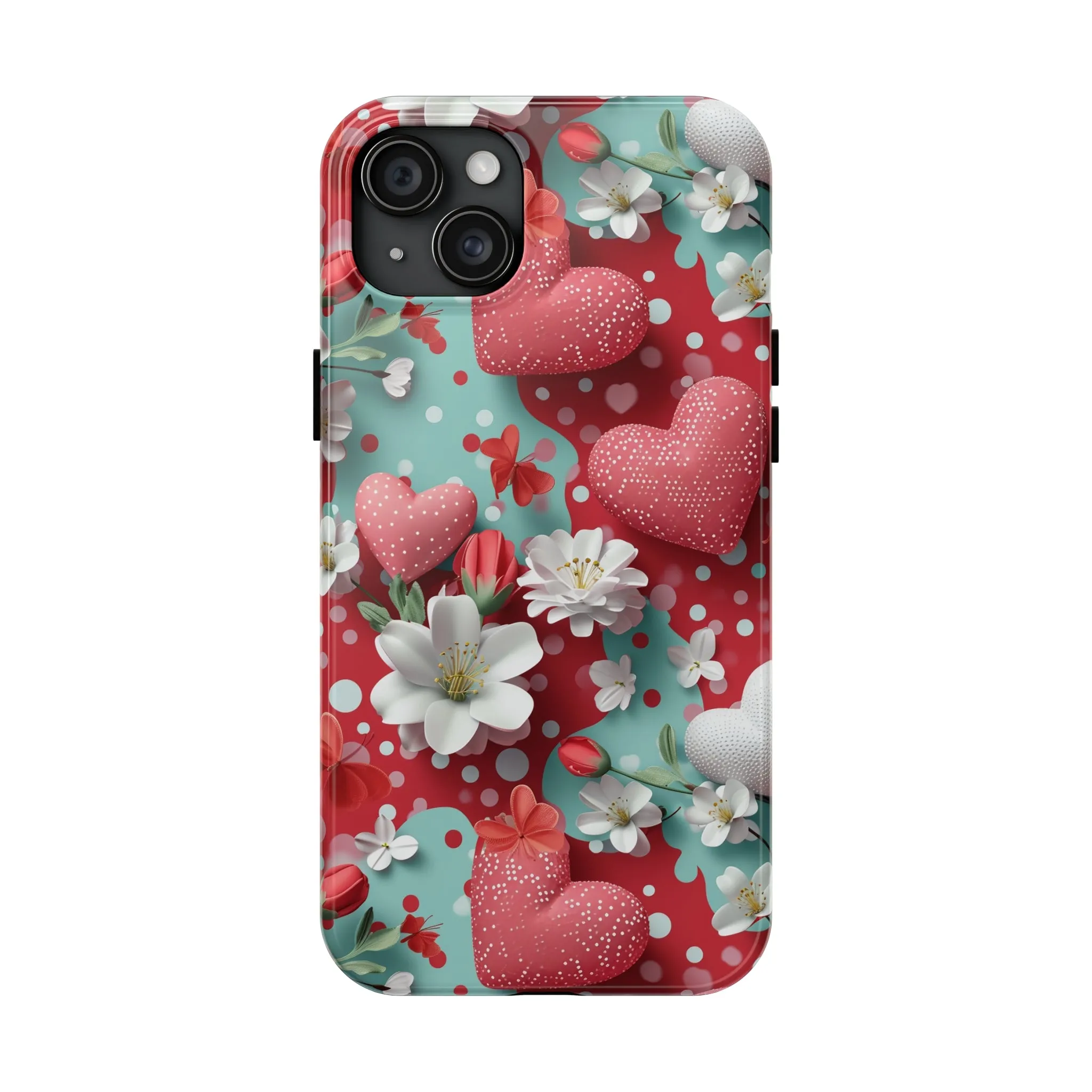 Polka Dot Hearts and Flowers Digital print Design Tough Phone Case compatible with a large variety of iPhone models, Gift, Phone Case