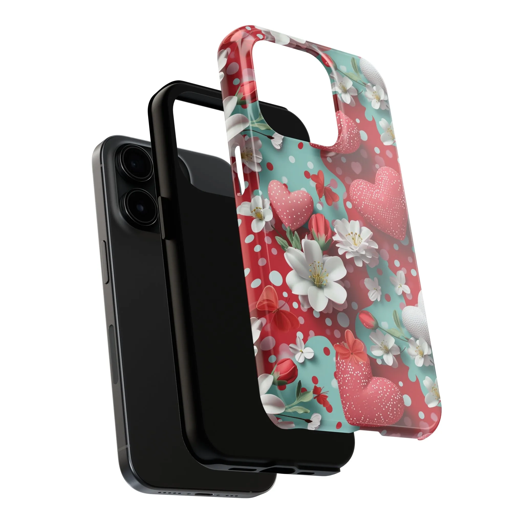 Polka Dot Hearts and Flowers Digital print Design Tough Phone Case compatible with a large variety of iPhone models, Gift, Phone Case