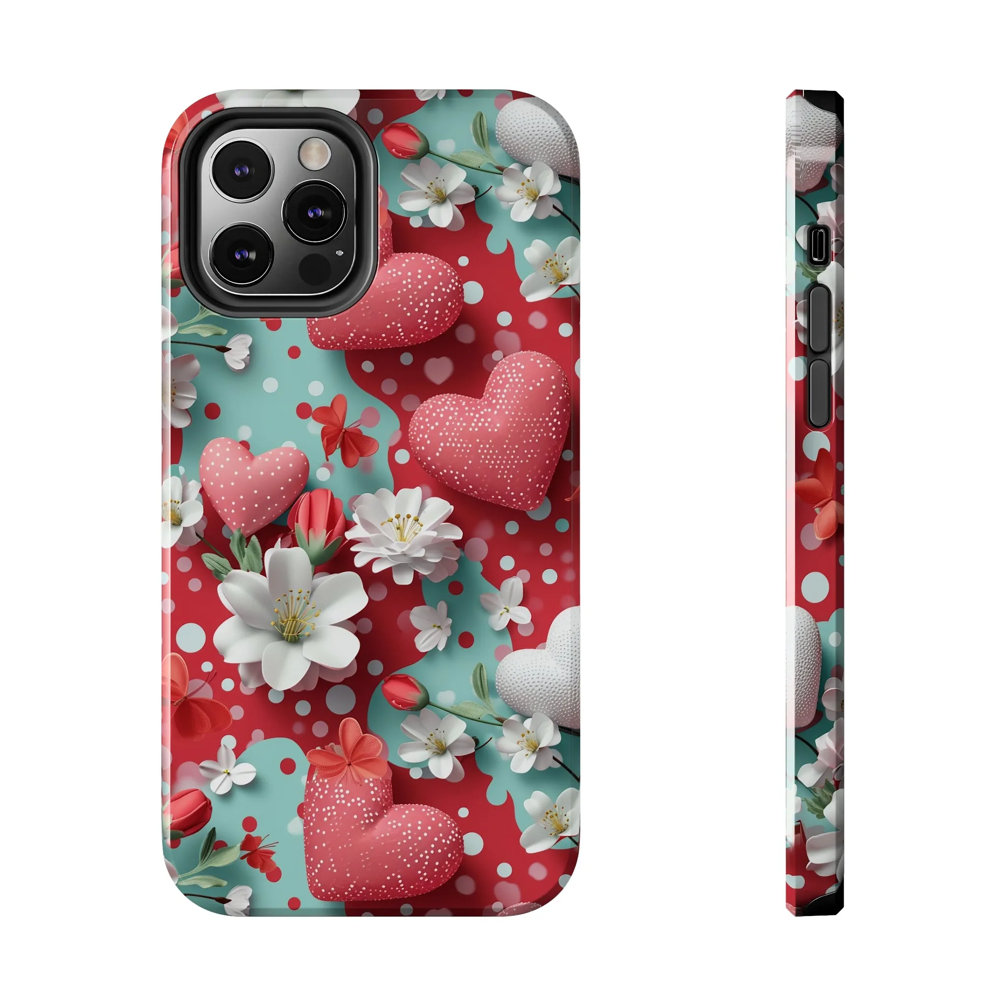 Polka Dot Hearts and Flowers Digital print Design Tough Phone Case compatible with a large variety of iPhone models, Gift, Phone Case