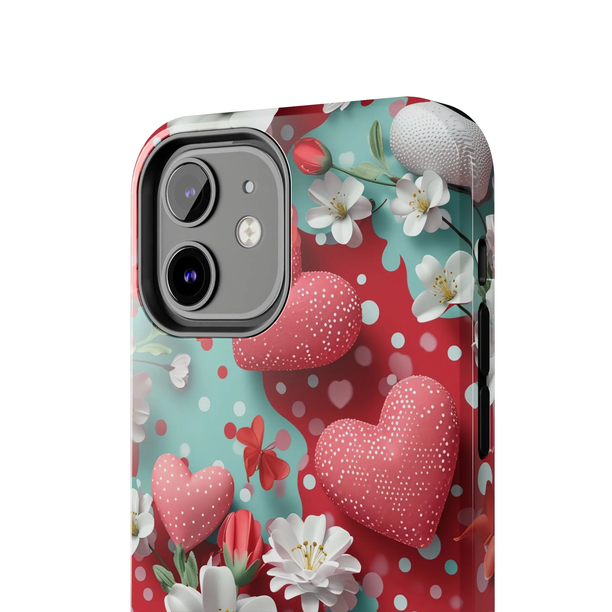 Polka Dot Hearts and Flowers Digital print Design Tough Phone Case compatible with a large variety of iPhone models, Gift, Phone Case