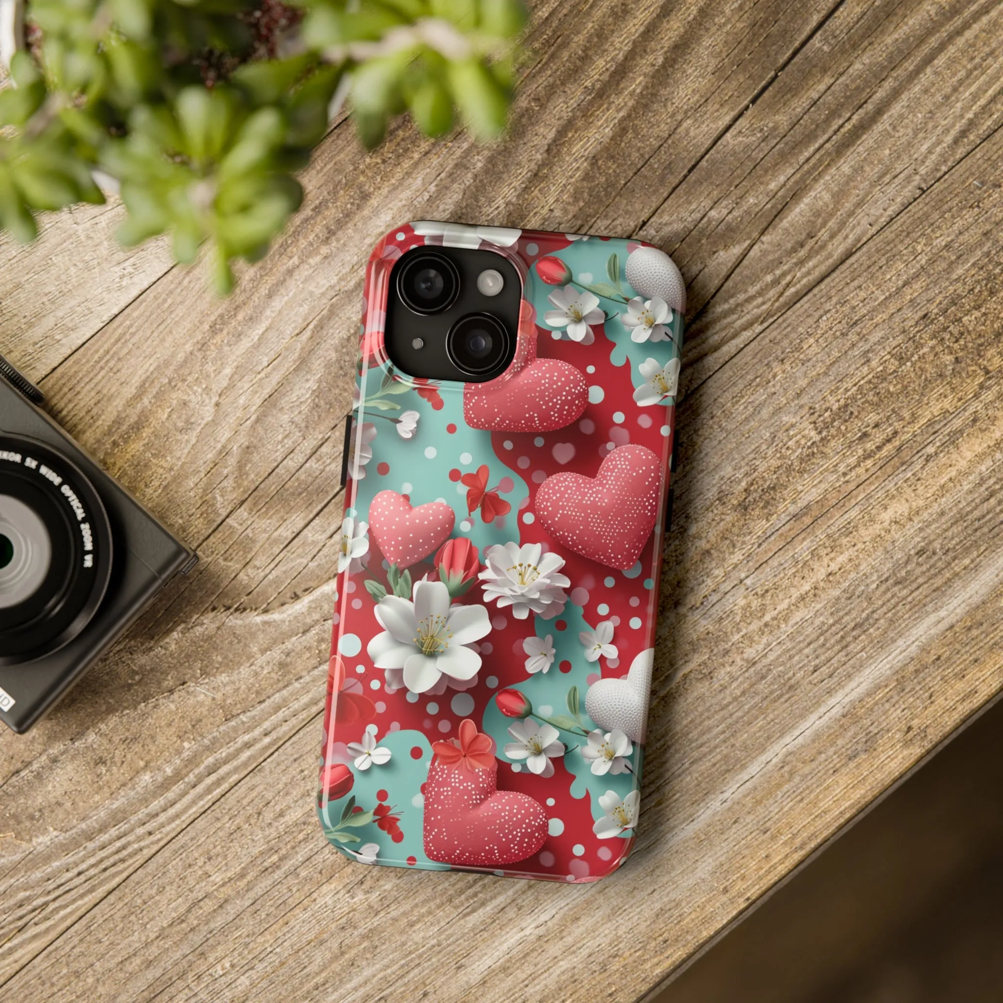 Polka Dot Hearts and Flowers Digital print Design Tough Phone Case compatible with a large variety of iPhone models, Gift, Phone Case