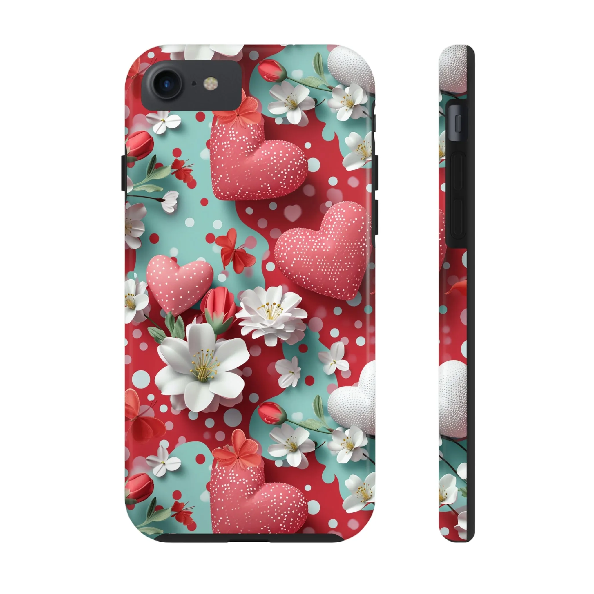 Polka Dot Hearts and Flowers Digital print Design Tough Phone Case compatible with a large variety of iPhone models, Gift, Phone Case