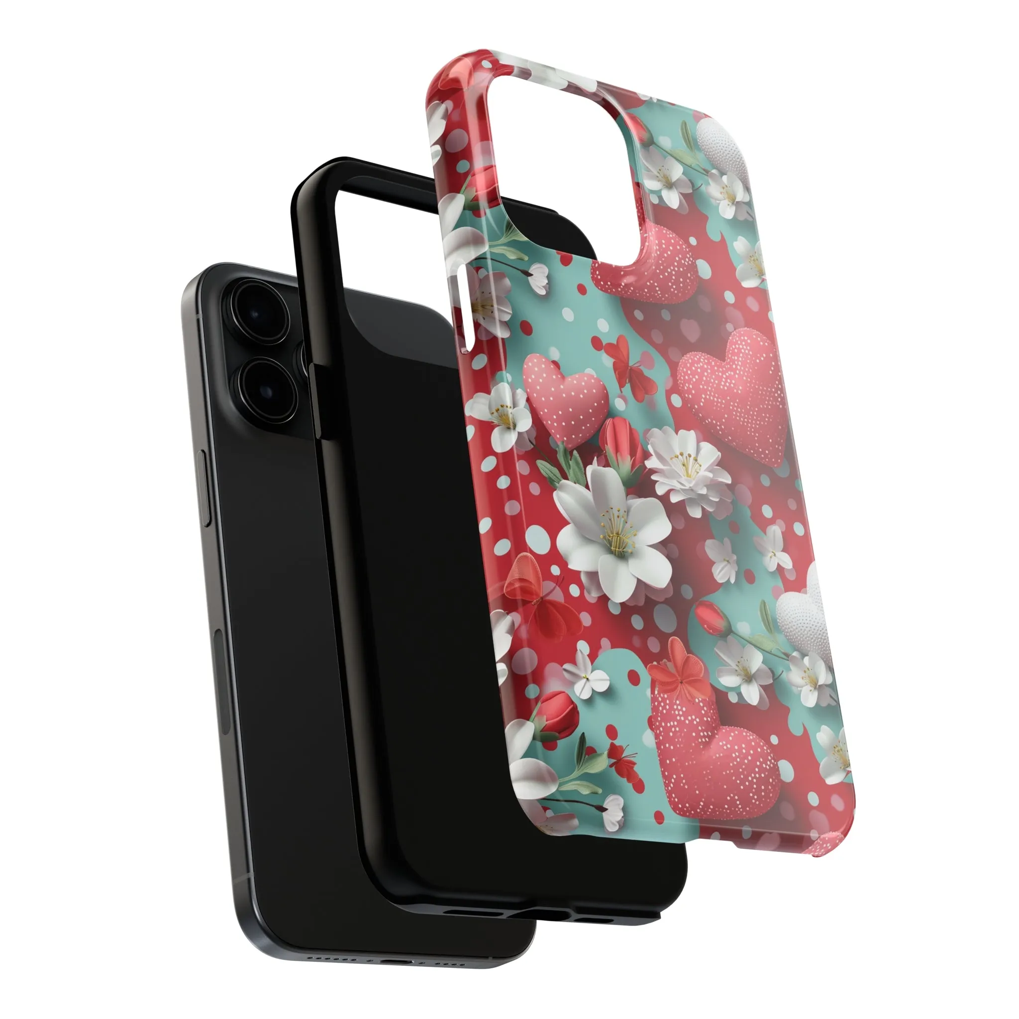 Polka Dot Hearts and Flowers Digital print Design Tough Phone Case compatible with a large variety of iPhone models, Gift, Phone Case