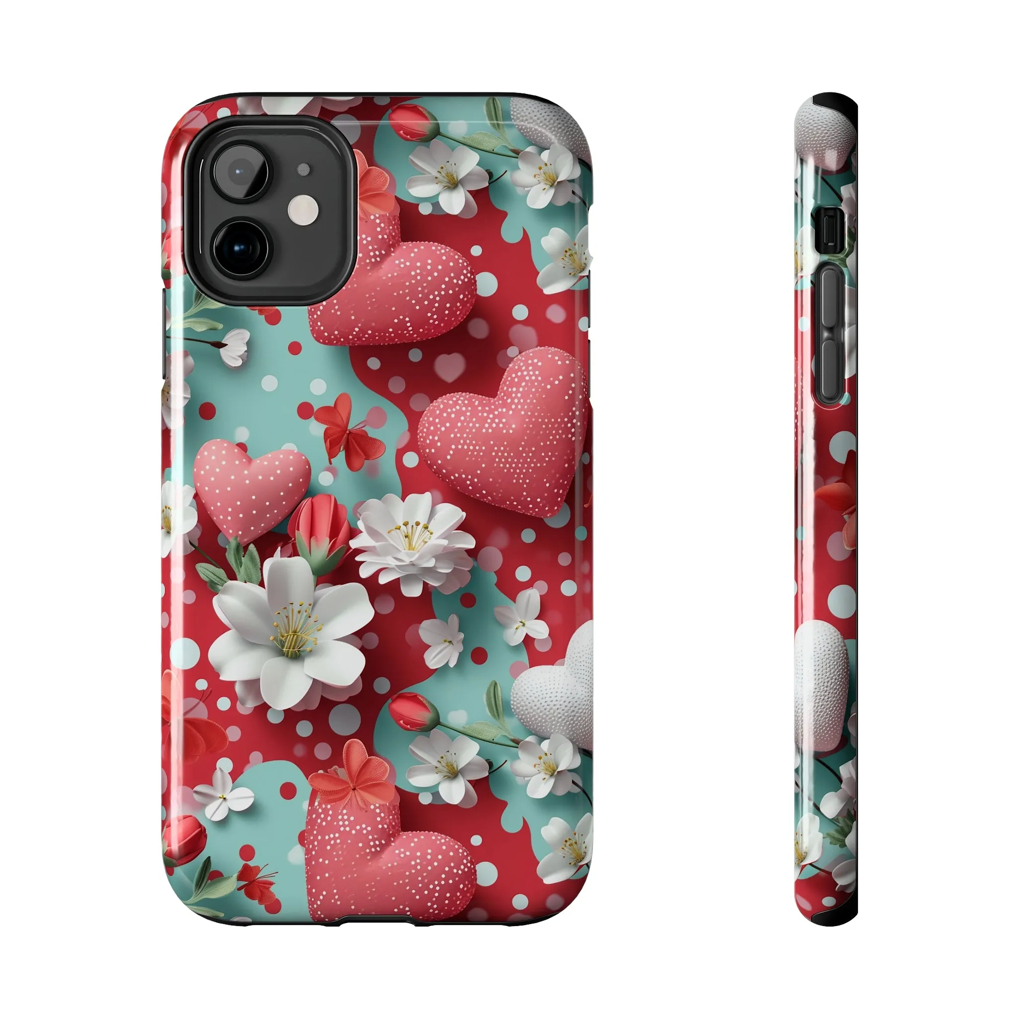 Polka Dot Hearts and Flowers Digital print Design Tough Phone Case compatible with a large variety of iPhone models, Gift, Phone Case