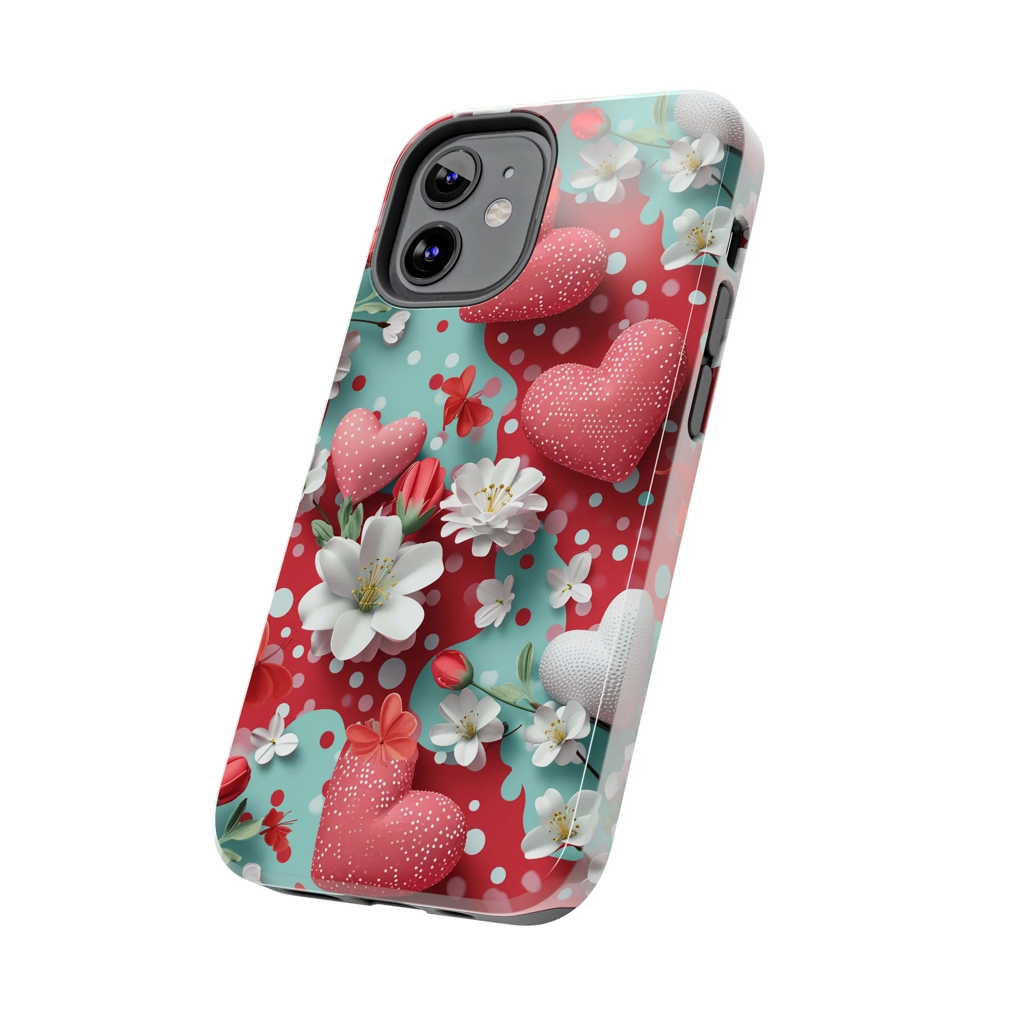 Polka Dot Hearts and Flowers Digital print Design Tough Phone Case compatible with a large variety of iPhone models, Gift, Phone Case