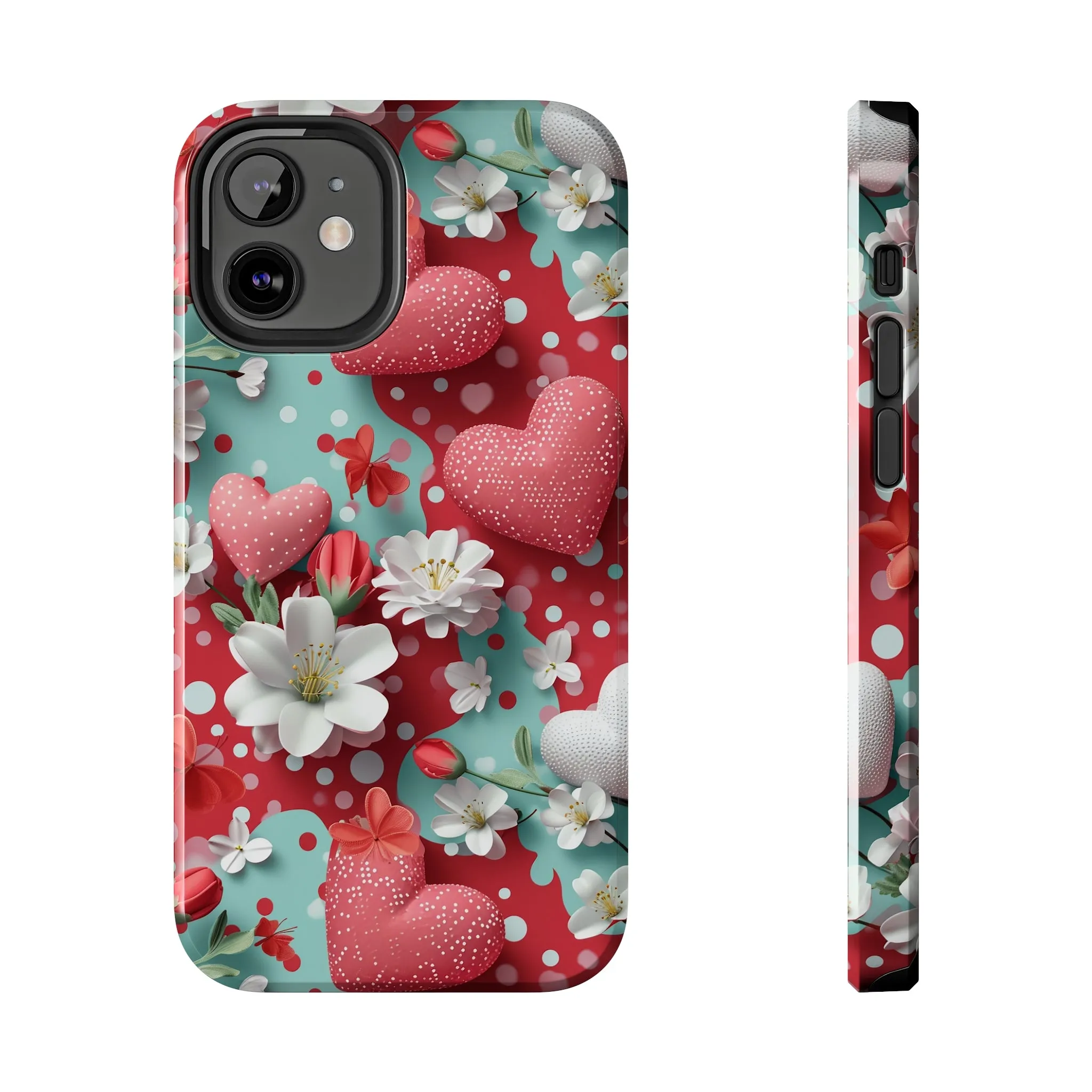 Polka Dot Hearts and Flowers Digital print Design Tough Phone Case compatible with a large variety of iPhone models, Gift, Phone Case