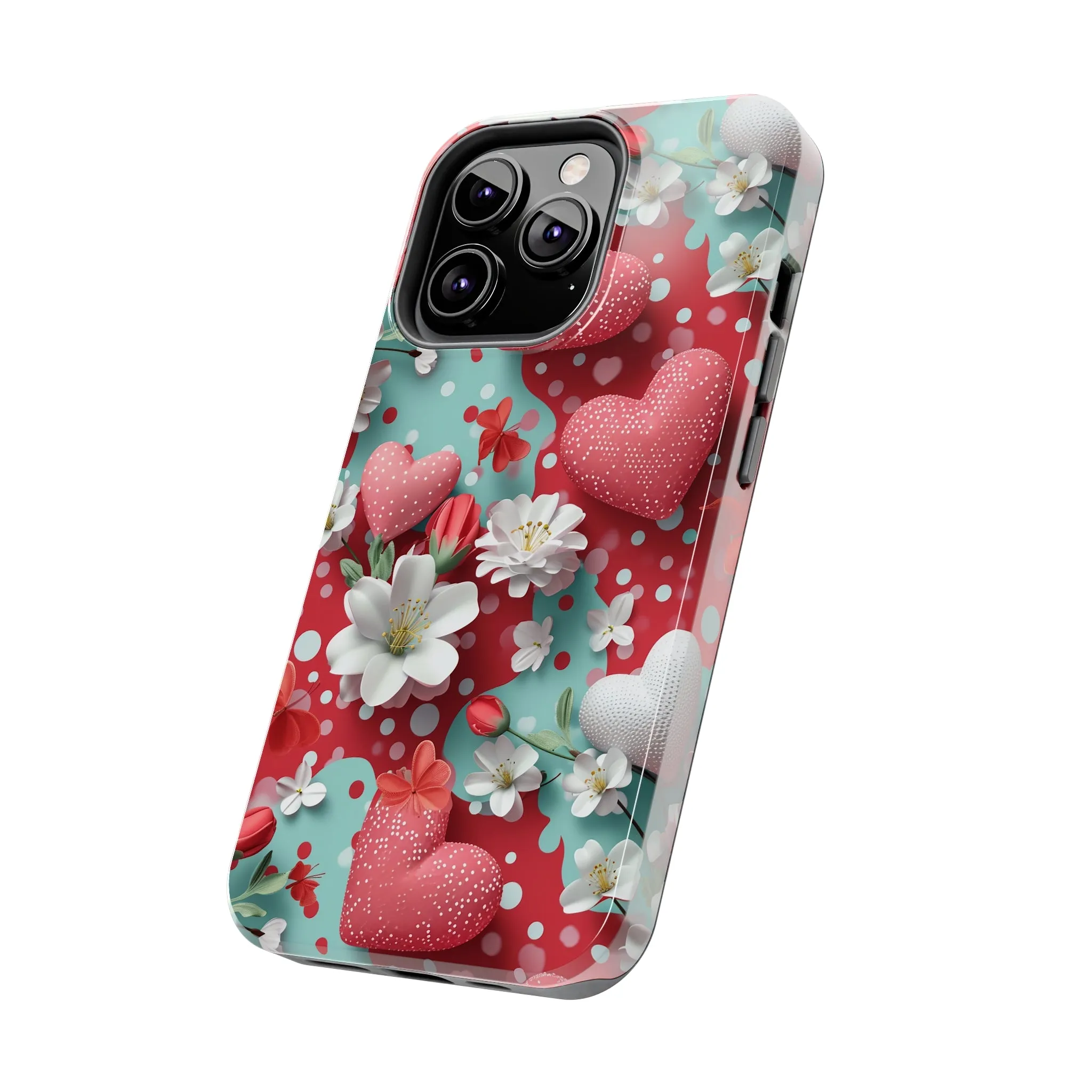 Polka Dot Hearts and Flowers Digital print Design Tough Phone Case compatible with a large variety of iPhone models, Gift, Phone Case