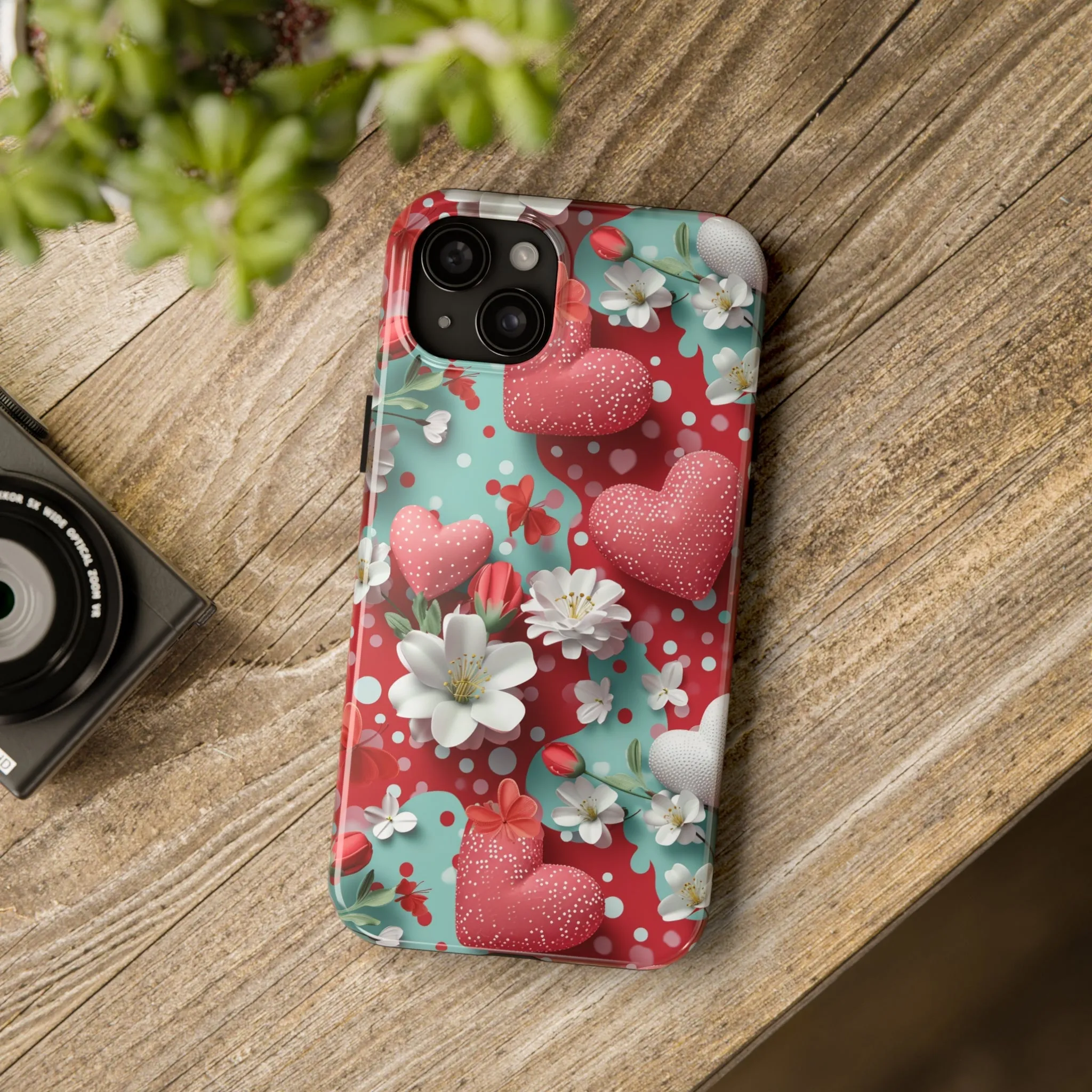 Polka Dot Hearts and Flowers Digital print Design Tough Phone Case compatible with a large variety of iPhone models, Gift, Phone Case