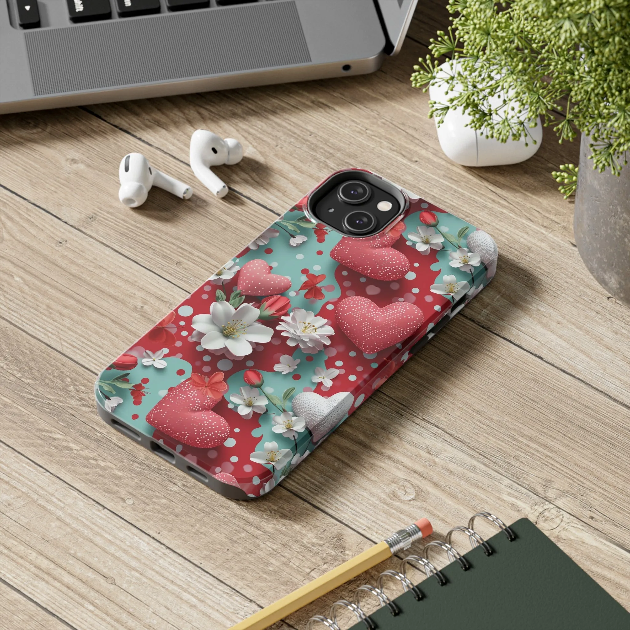 Polka Dot Hearts and Flowers Digital print Design Tough Phone Case compatible with a large variety of iPhone models, Gift, Phone Case