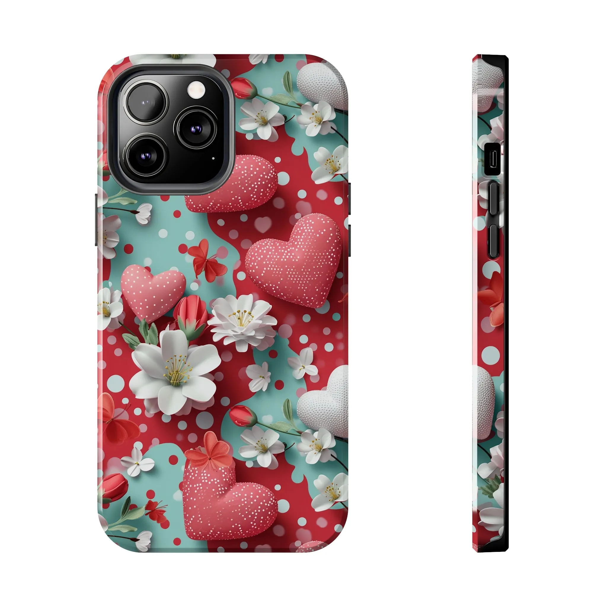 Polka Dot Hearts and Flowers Digital print Design Tough Phone Case compatible with a large variety of iPhone models, Gift, Phone Case