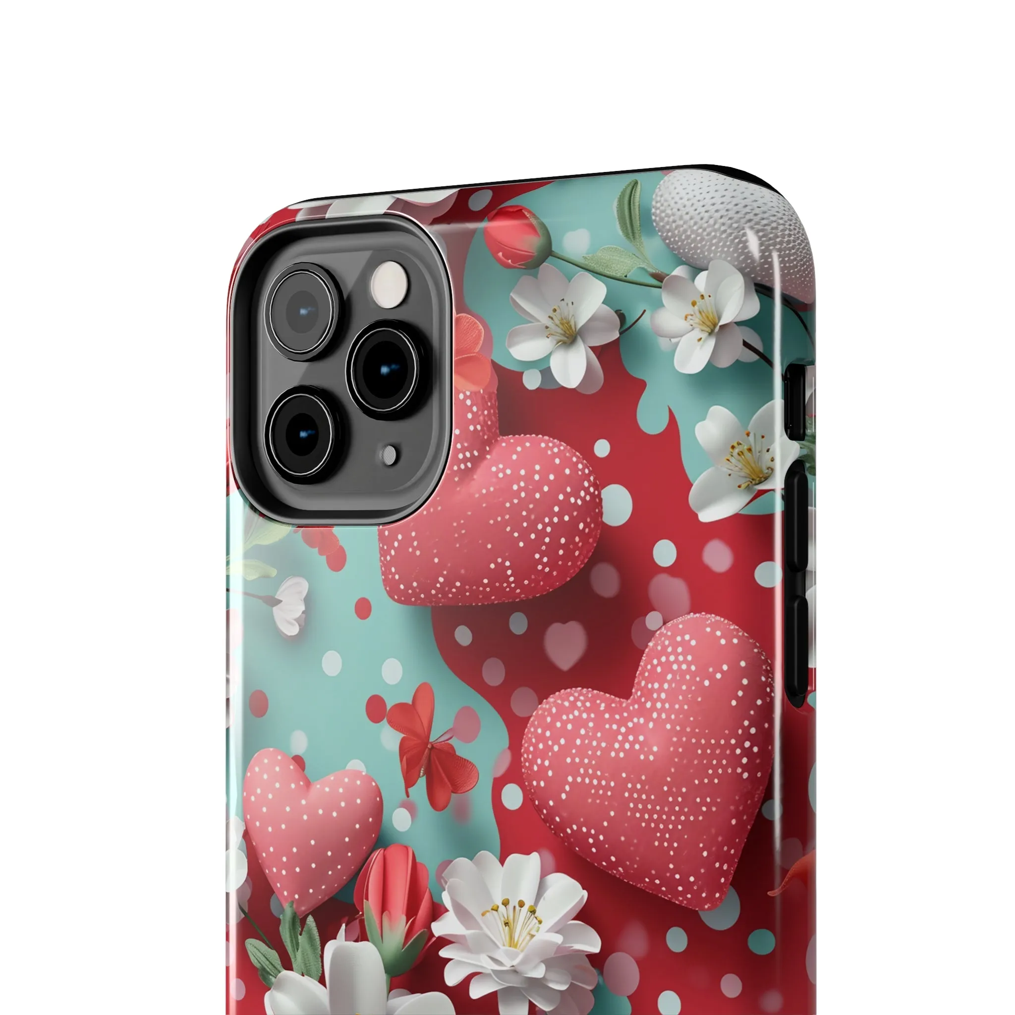 Polka Dot Hearts and Flowers Digital print Design Tough Phone Case compatible with a large variety of iPhone models, Gift, Phone Case